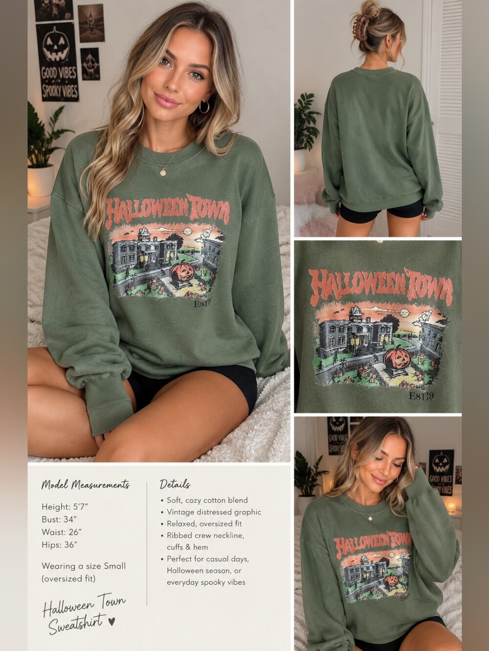 Halloween Town Olive Green Graphic Sweatshirt Brand NEW NEVER WORN